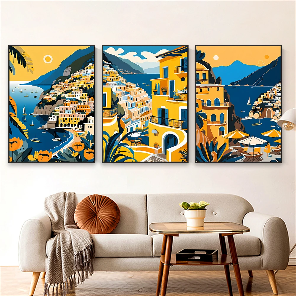 Summer In Positano Poster Travel Poster Italy Landscape Colorful Print Cityscape Vintage Canvas Painting Home Bedroom Decor