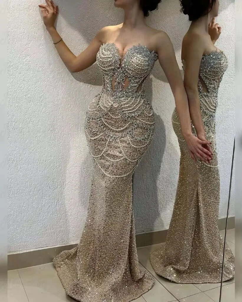 Sequins Long Evening Dresses Sweetheart Pearls Saudi Arabia Dubai Robe De Soiree Middle Eastern Prom Dress Gown Customized