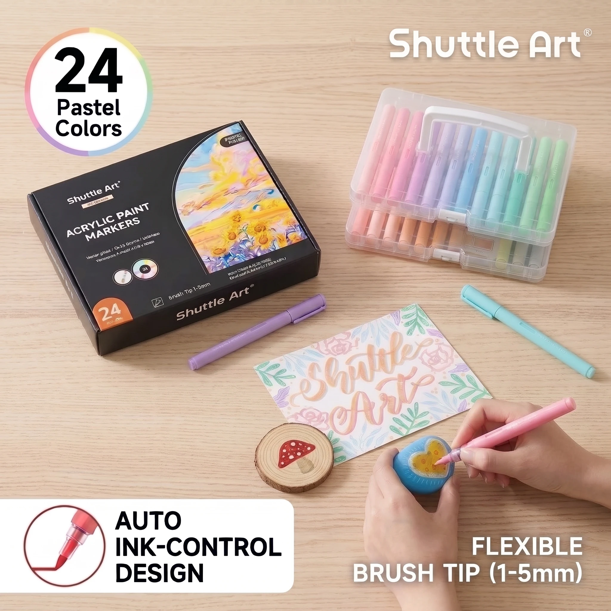 Shuttle Art Automatic Ink Control Acrylic Paint Markers, 24 Pastel Colors Brush Tip Acrylic Paint Pens for Rock Painting, Ceramic, Wood, Canvas, Glass, Stone, Fabric, Card Making, DIY Crafts
