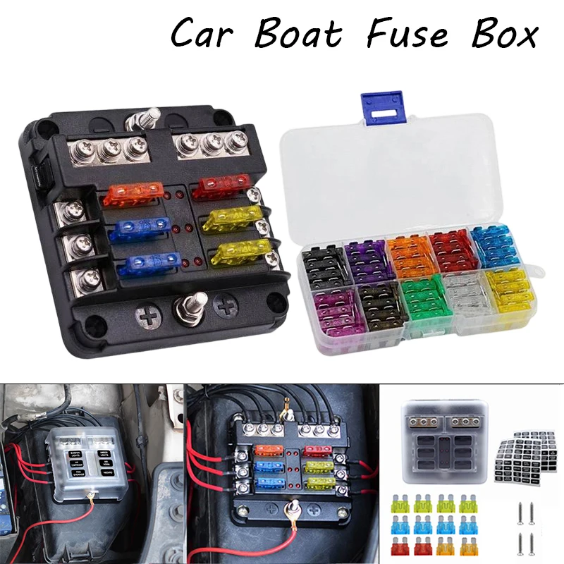 6 Ways Car Boat Fuse Box Holder With 12 Ways Blade Fuse Holder Block & Warning Indicator 12V 36V Power Distribution Panel Board