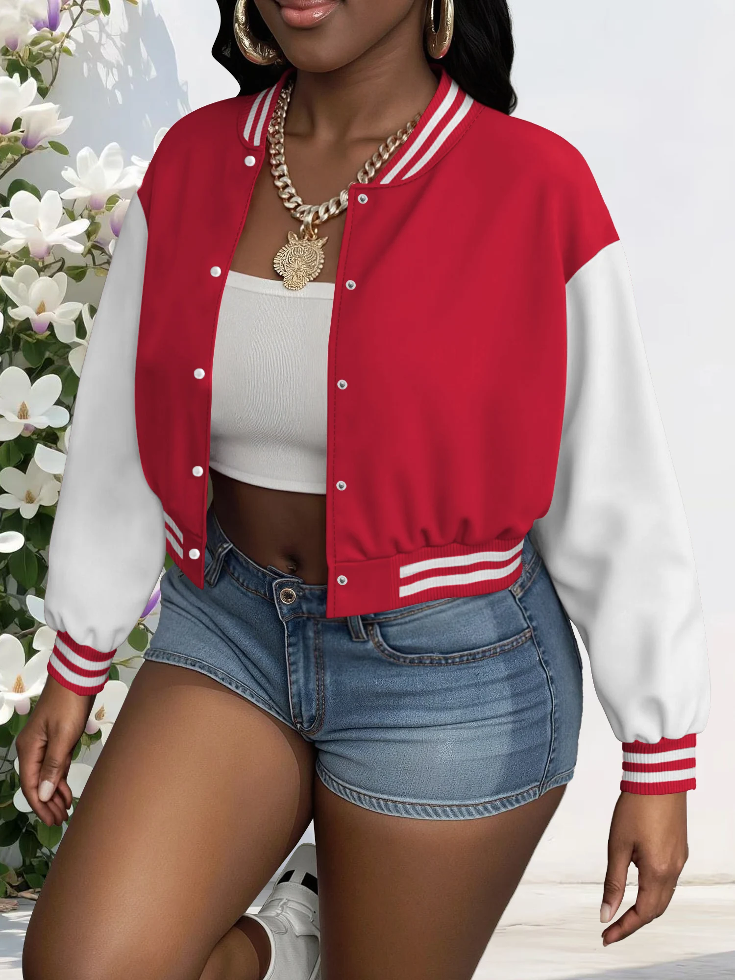 

Retro 90s Cropped Letterman Jacket, Striped Rib Trim Baseball Coat for Throwback Sporty Outfits