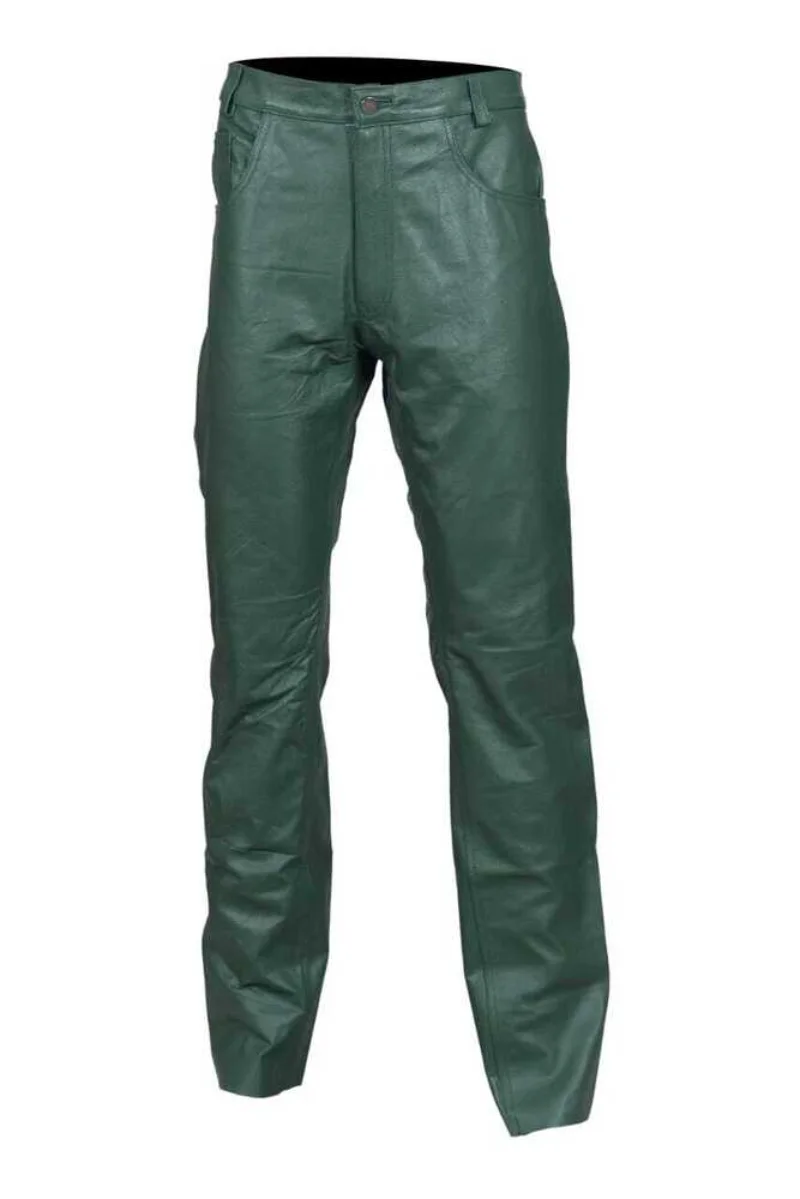 Men's Genuine Leather Pants Jeans Style Multi Pocket Motorcycle Dark Green European Fashion Trend