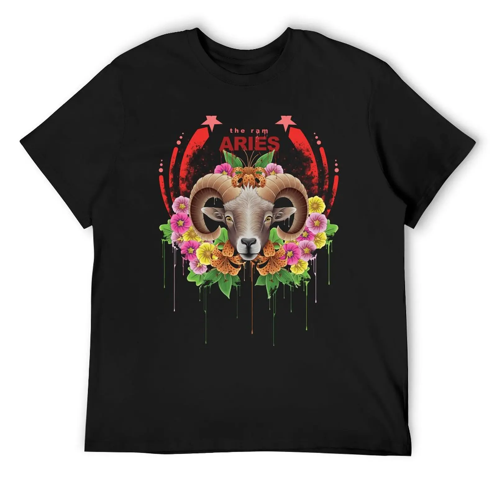 

Aries the Ram Floral Design T-Shirt street wear cute tops anime clothes t shirts for men cotton