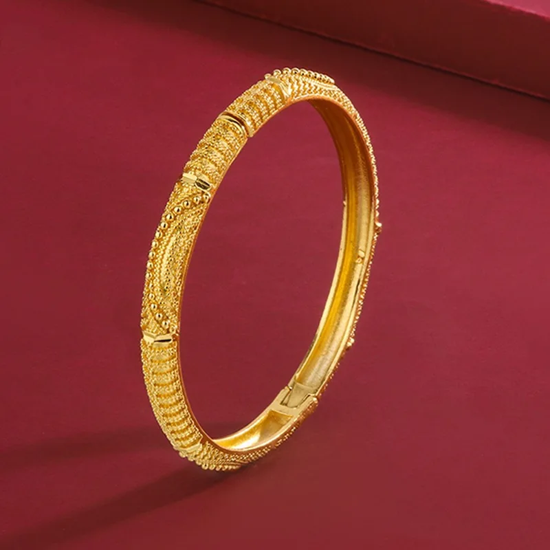 24k Gold 9999 Women'S Retro Foreign Trade Bangle, Three-Dimensional Carved Clasp Bracelet Fine Jewelry Gift