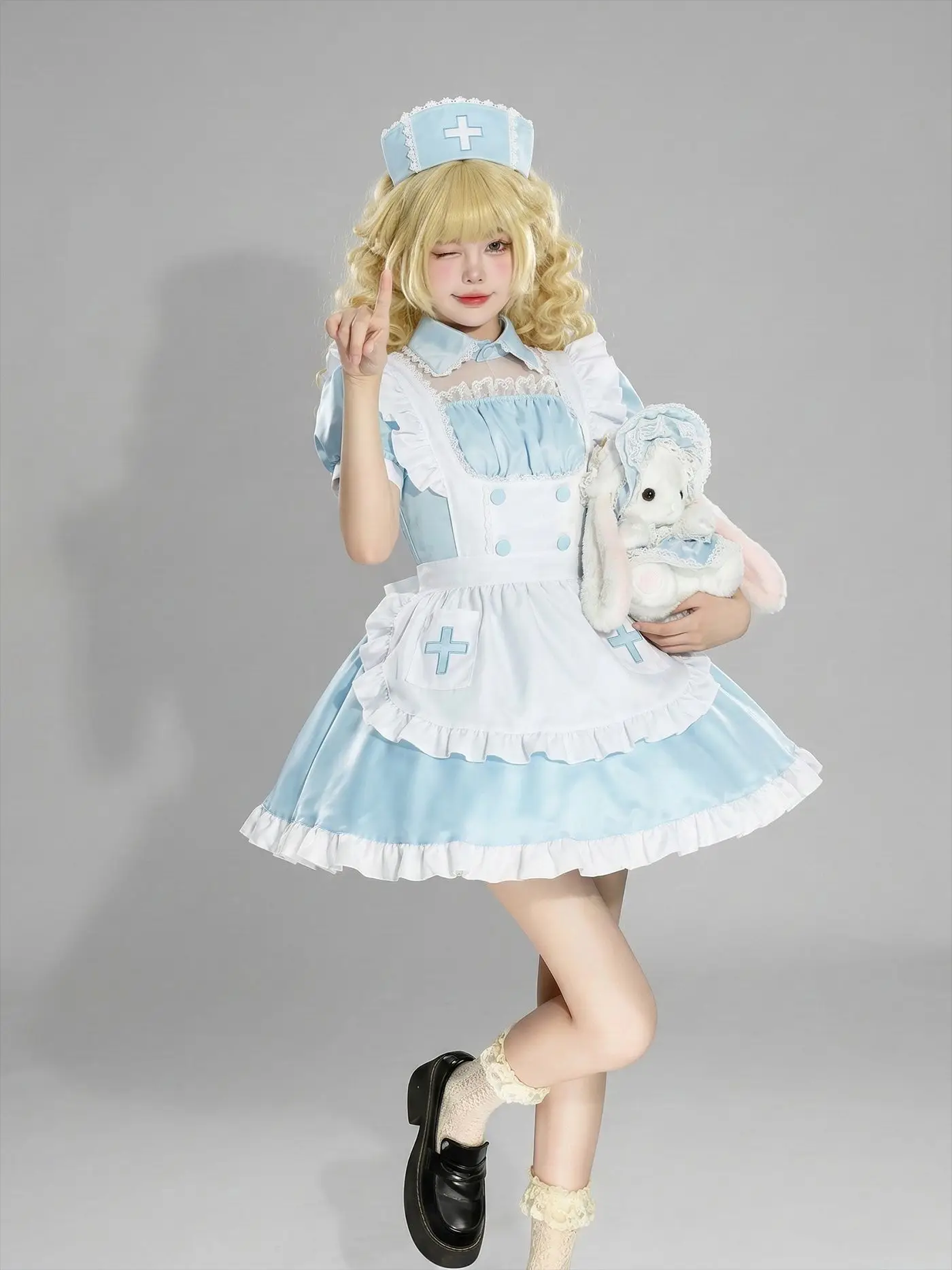 Pastel Nurse Maid Lolita Dress with Cross Embroidery Apron, Cute Cosplay Costume for Halloween & Anime Convention