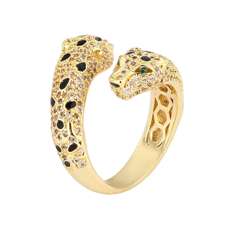 Trendy Double Leopard Head Wrap Ring Iced Out Cubic Zirconia Black Enamel Spot Statement Rings Women Party Cocktail Jewelry Gift