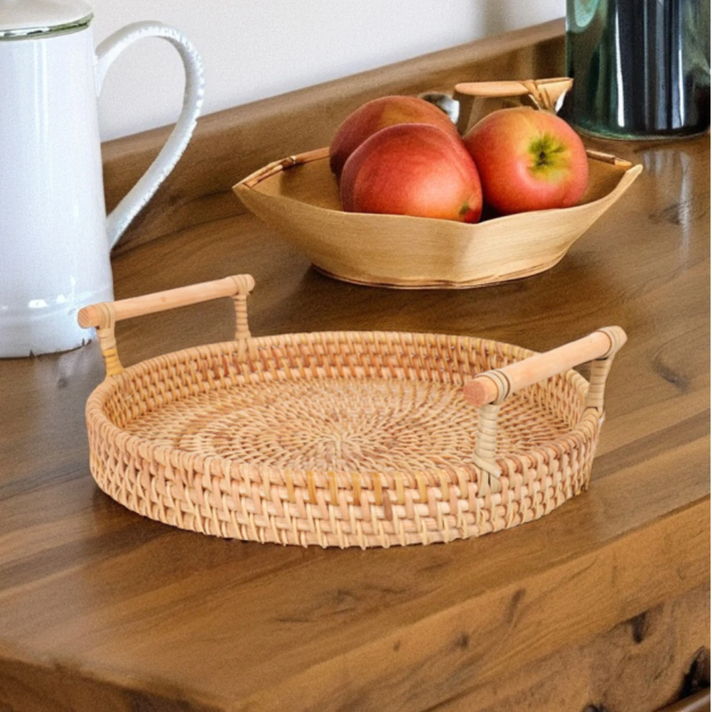 

Rattan Tray 32cm Handwoven Round Basket with Handles for Fruit Bread Snacks Serving Platter Storage Wicker Dinner Party