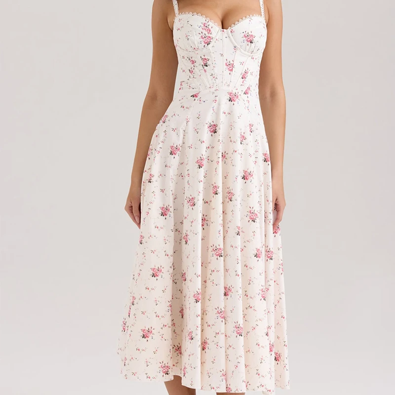 สปาเก็ตตี้เซ็กซี่สายรัดดอกไม้พิมพ์รัดตัวสไตล์ผู้หญิง A-Line ฤดูร้อน Holiday Party Dresses Lace Up Robe