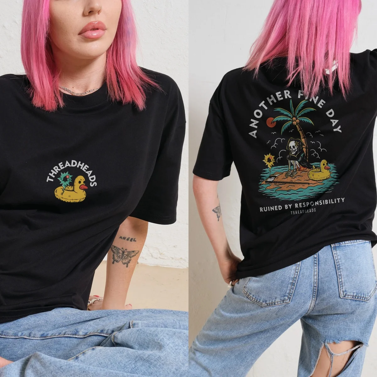 Double - Sided Duck & Reaper Cotton T Shirt Humorous Graphic for Trendy Outfits and Fun - Loving Enthusiasts Halloween T-shirt