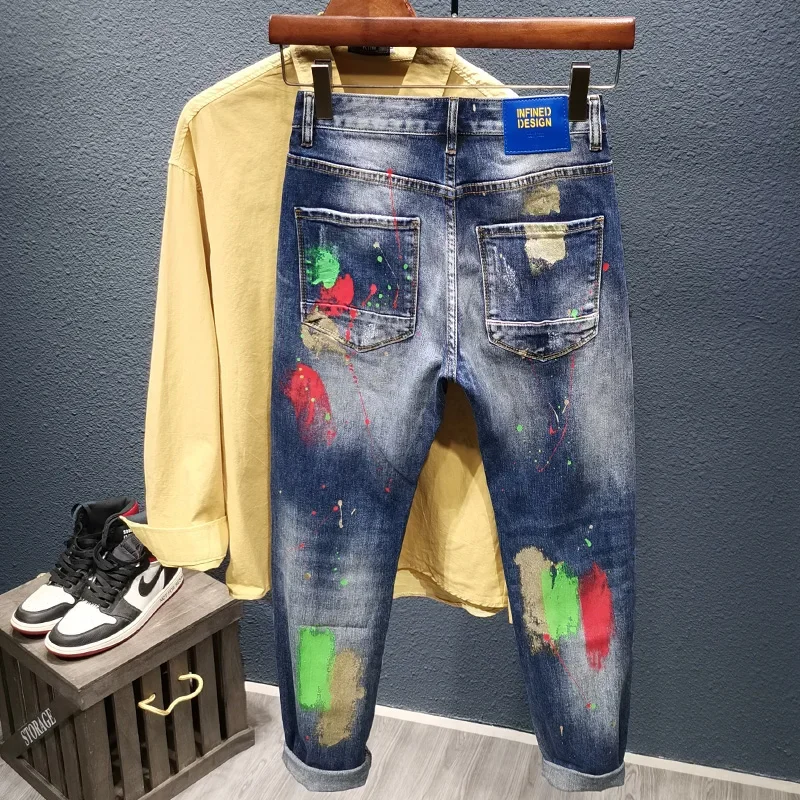 Fashion Graffiti Spray Paint Men's Ripped Jeans Slim Personality Hip Hop Streetwear High Quality Trousers Mens Designer Clothes