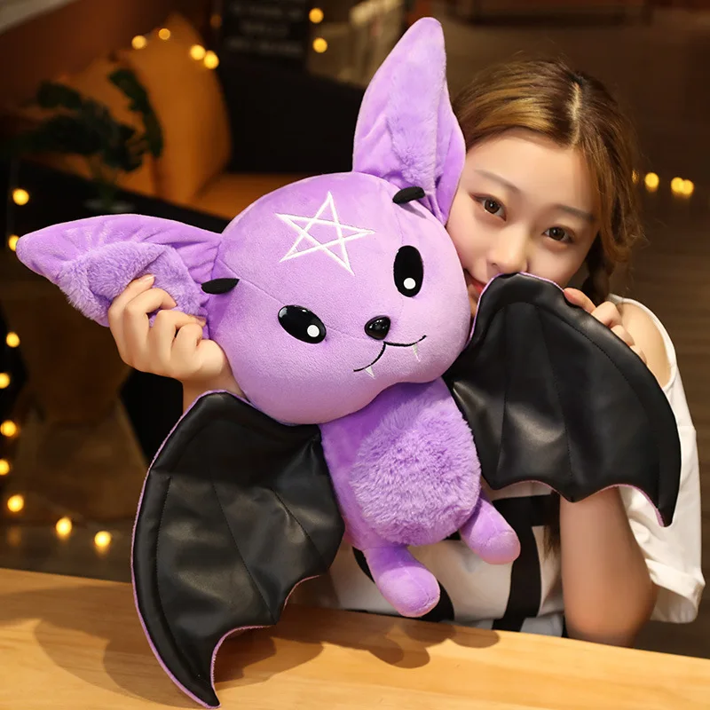 Cute Gothic Bat Stuffed Plush Doll Pentagram Moon Pattern Bat Plush Toy Soft Fluffy Halloween Decor Dark Style Animal Girls Gift