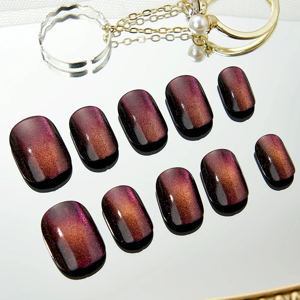 

10Pcs Reusable Acrylic False Nails Set Short Press on Pink Cat Eye Design Full Cover Nail Tips Stick on Fake Nails with Glue