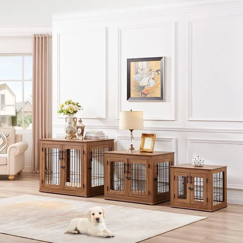 US Furniture Style Dog Crate End Table, Double Doors Wooden Wire Dog Kennel with Pet Bed Decorative Pet Crate Dog House