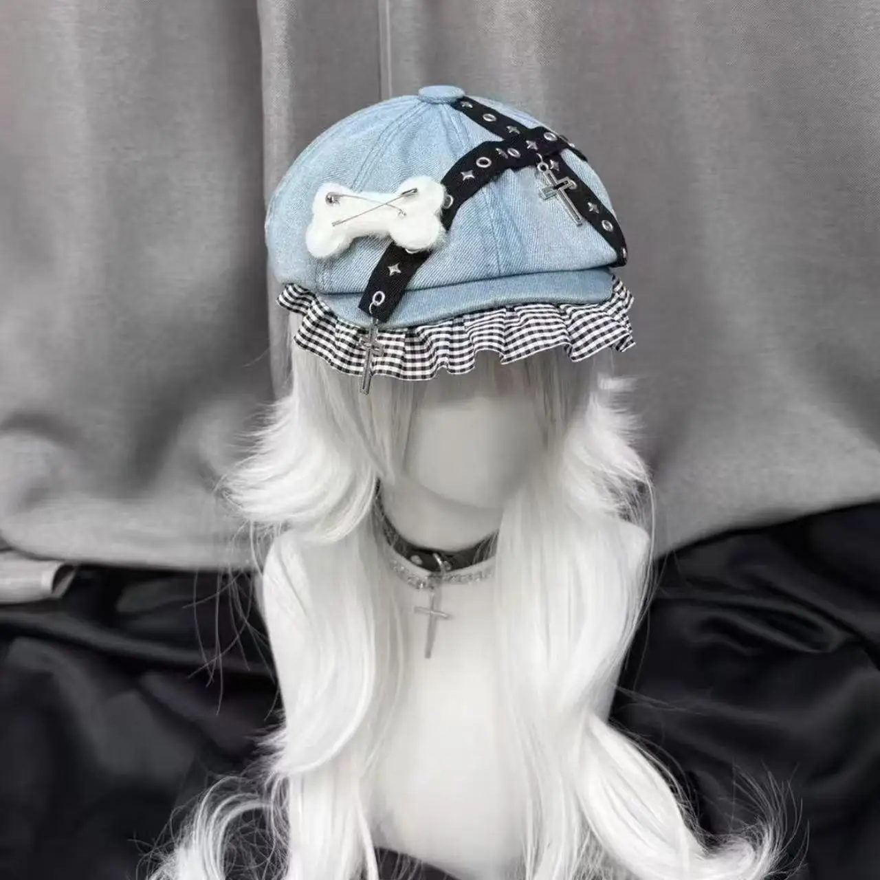 الأصلي ثقافة العضلات الشرير العظام عبر شبكة تكدرت الدانتيل قبعة البيريه الجينز مثمنة قبعة Y2K Faion قبعة الشارع الشهير