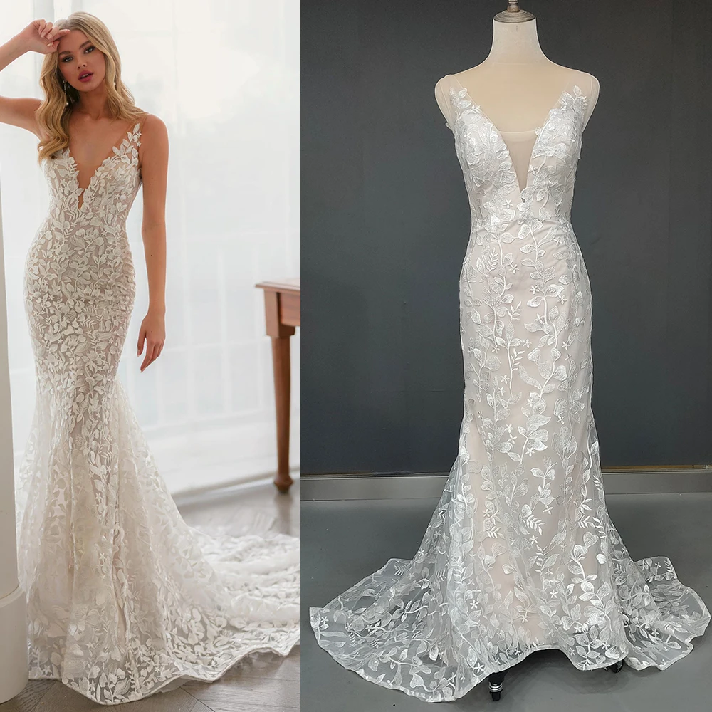 Vestido de novia de encaje bordado de sirena, Espalda descubierta, cuello en V, reloj de arena ajustado, Floral, hecho a medida, maxilentejuelas brillantes, vestidos de novia