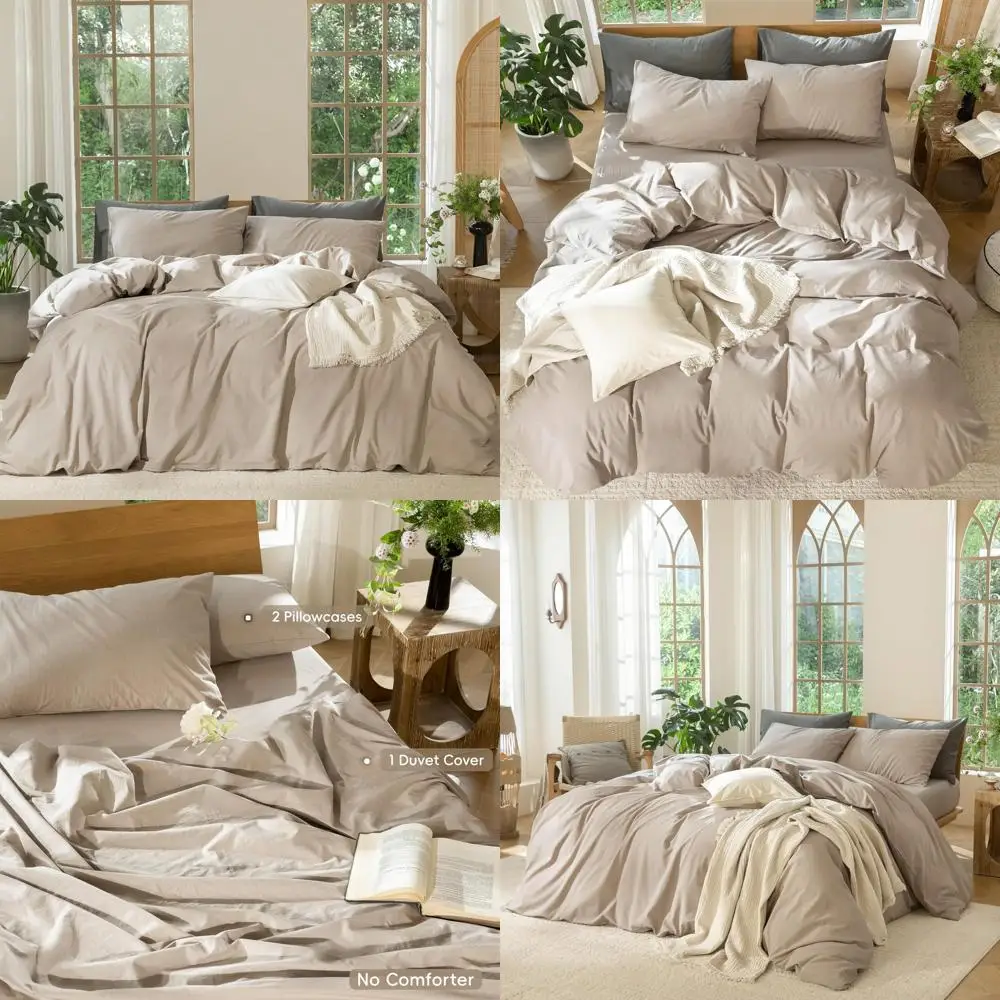 

100% Cotton Linen Textured Duvet Cover Set - Breathable, Durable, Soft & Comfortable - Heathered Taupe, Queen Size 90x90