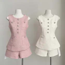 High Quality Female Tweed Sleeveless Vest Top High Waist Shorts Set Women French Slim Summer Sweet Girl Lady Two Piece Outfits