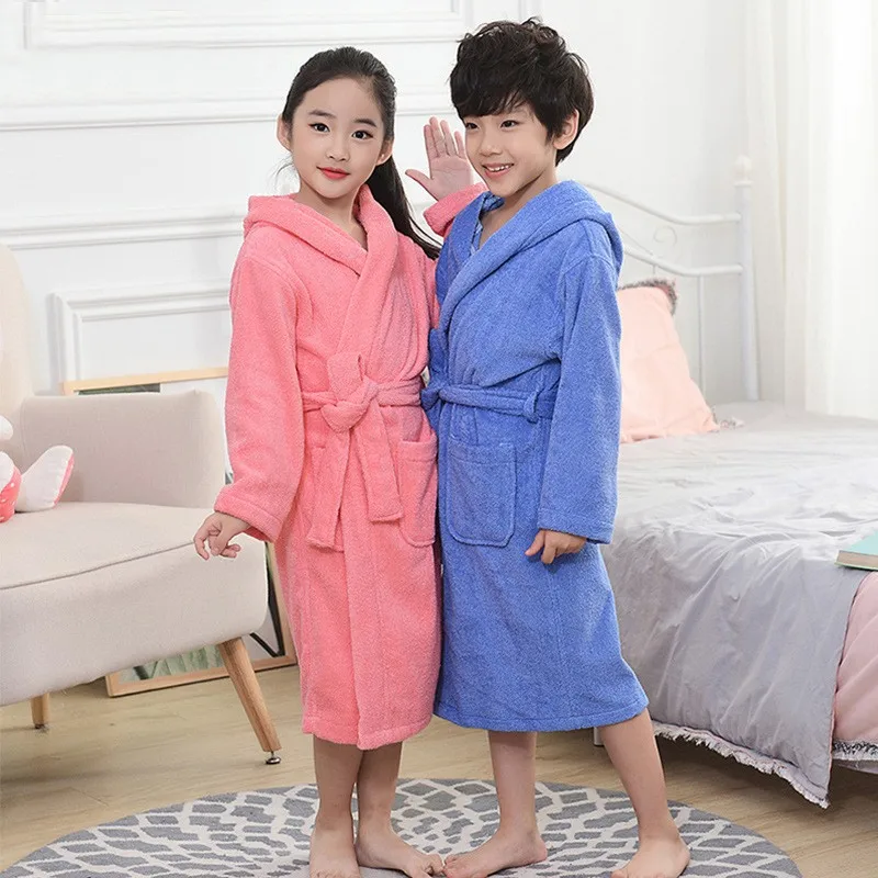 Children Homewear Hooded Toweling Terry Cotton Bathrobe Boys Kids Thicken Winter Bath Robe Little Girls Dressing Gown