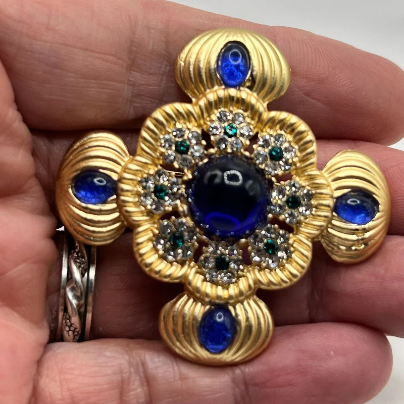 CROSS BROOCH Pin Rhinestone Cobalt Blue Cabochons Costume Jewelry