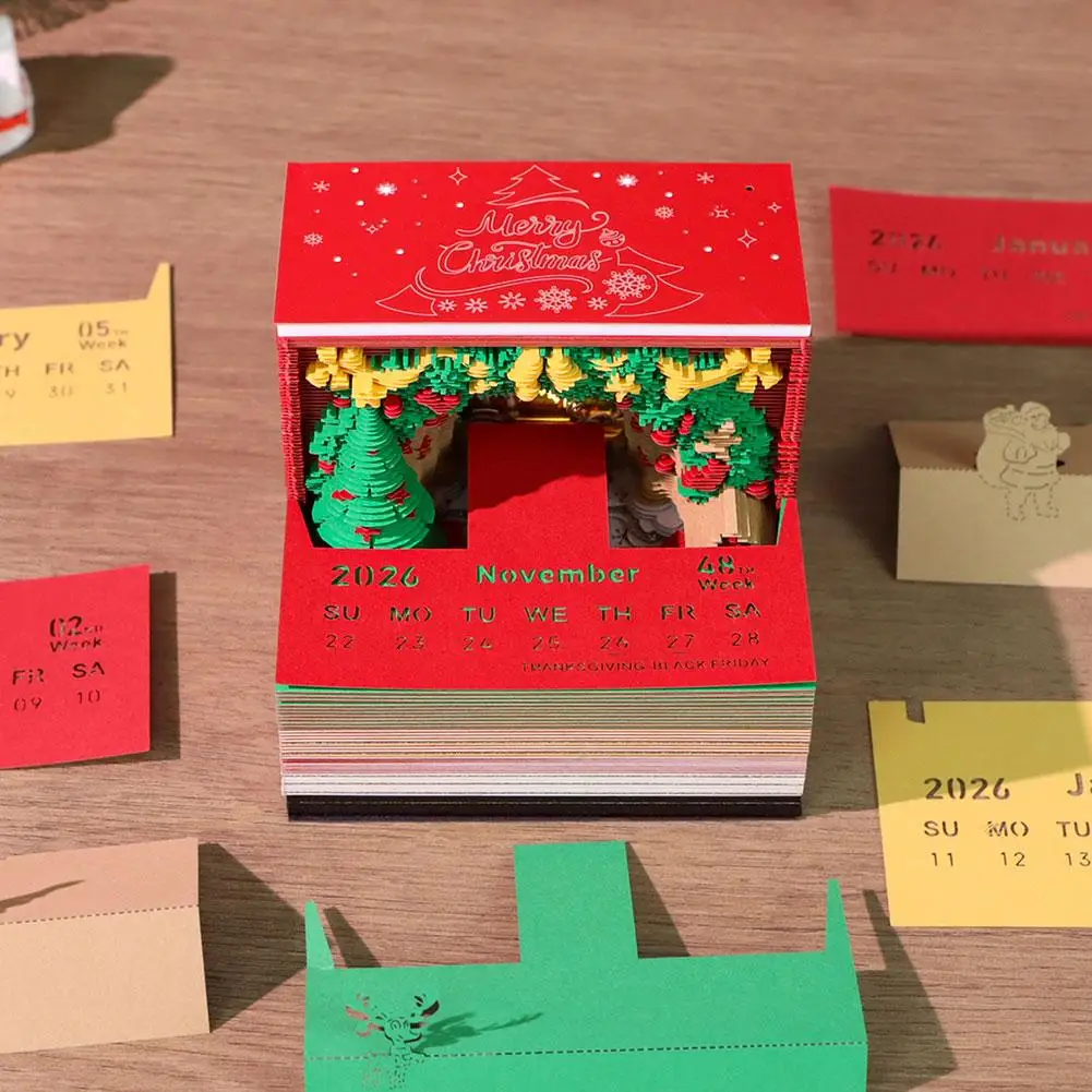 3D Paper Art Calendar With Lights Desk Timepiece Calendar 2026 Tear-Away 3D Xmas Tree House Notepad Christmas Gift For Frie Z0S8