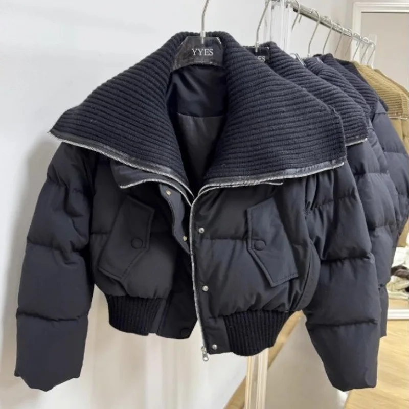 

Autumn Winter Women Fake Two Pieces Padded Jacket Turn-down Collar Crop Down Jacket Korean Thick Parkas Outwears Designer