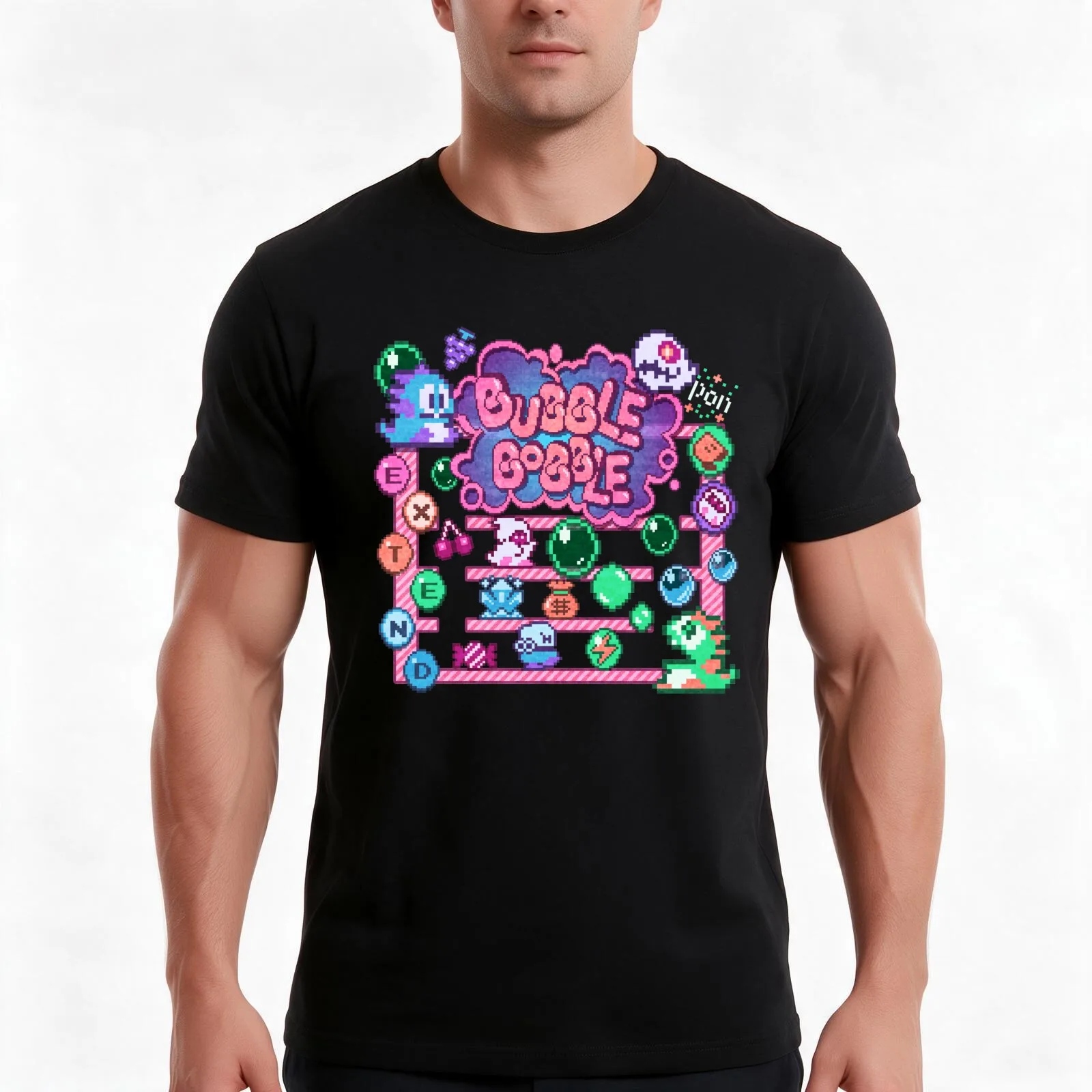 Bobble Bubble T-Shirt, Summer Casual Cotton Tee, Oversized Streetwear Tops, Vintage Graphic Print, Loose Fit Short Sleeve