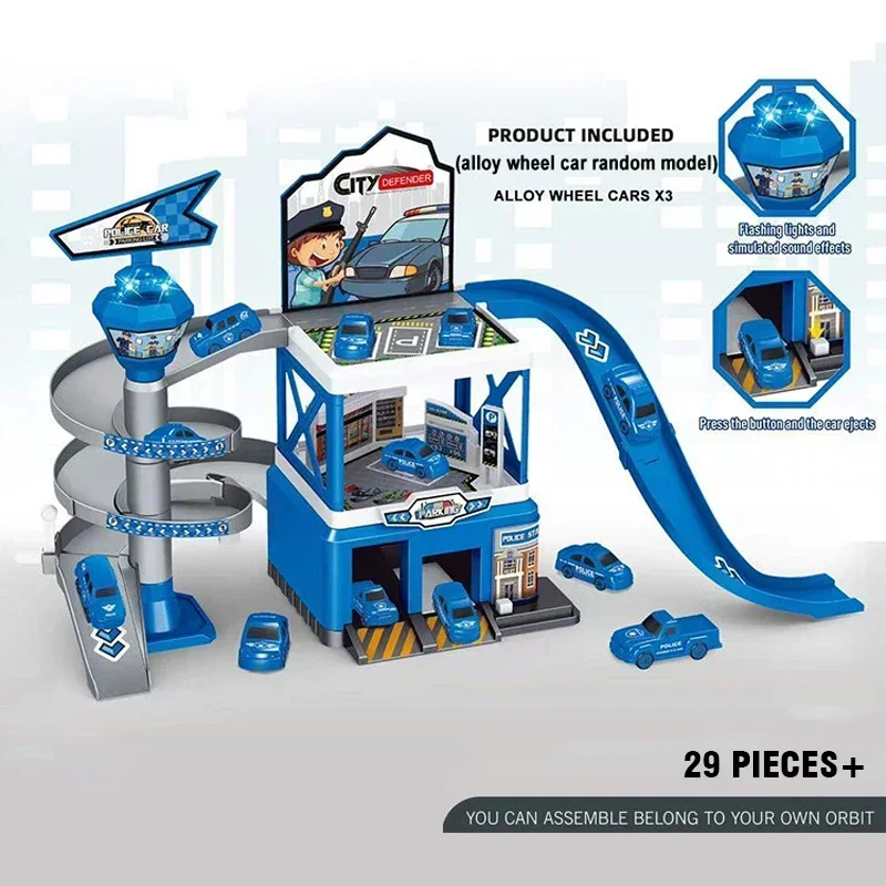 เด็กรถรางที่จอดรถ DIY ประกอบ Racing TRACK รันเวย์ความเฉื่อยรถเด็กของขวัญหลายชั้นที่จอดรถอาคารเด็กของขวัญ