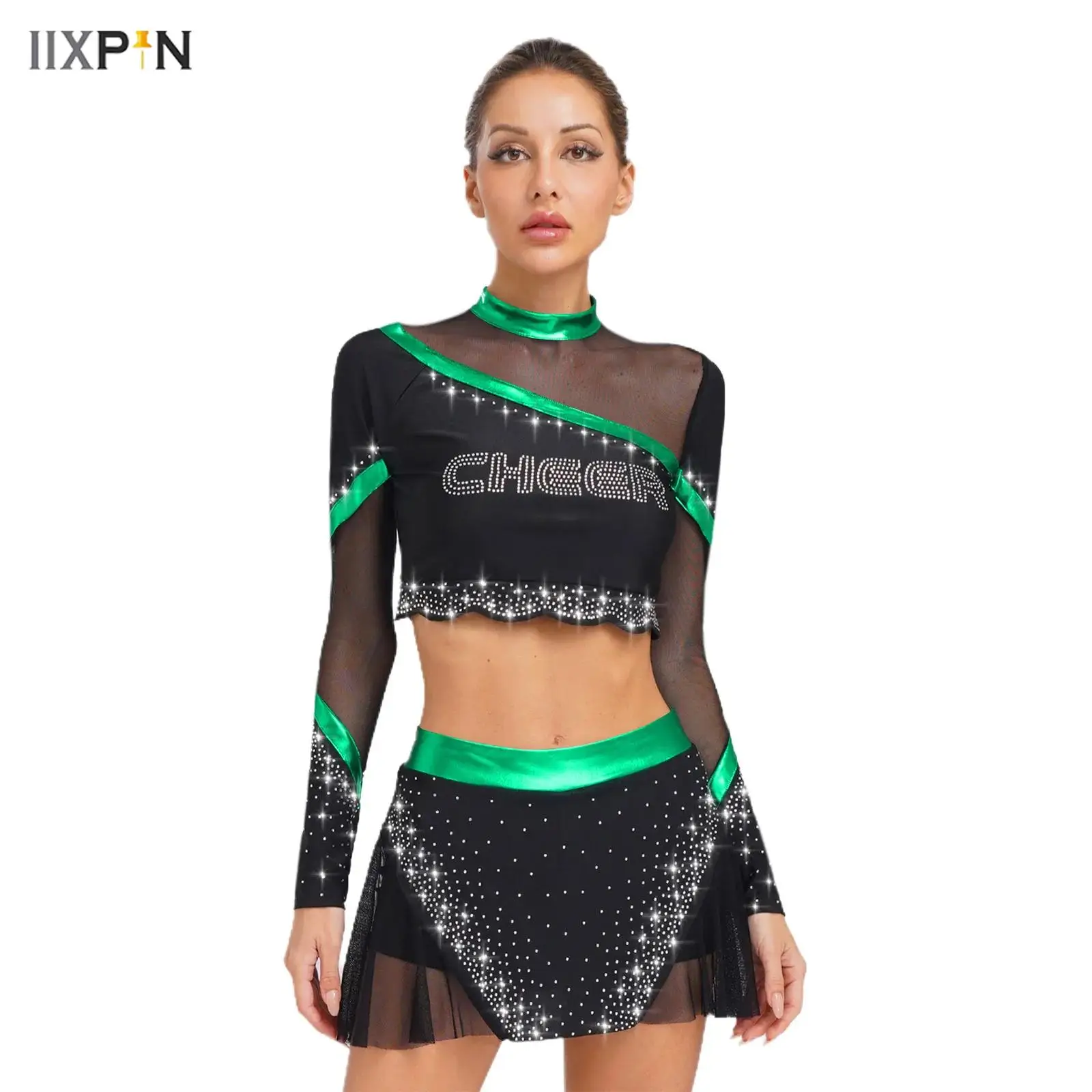 

2Pcs Women Cheerleading Dance Outfits Long Sleeve Rhinestone Crop Tops+Skirt Dancewear Cheerleader Uniform Performance Costumes