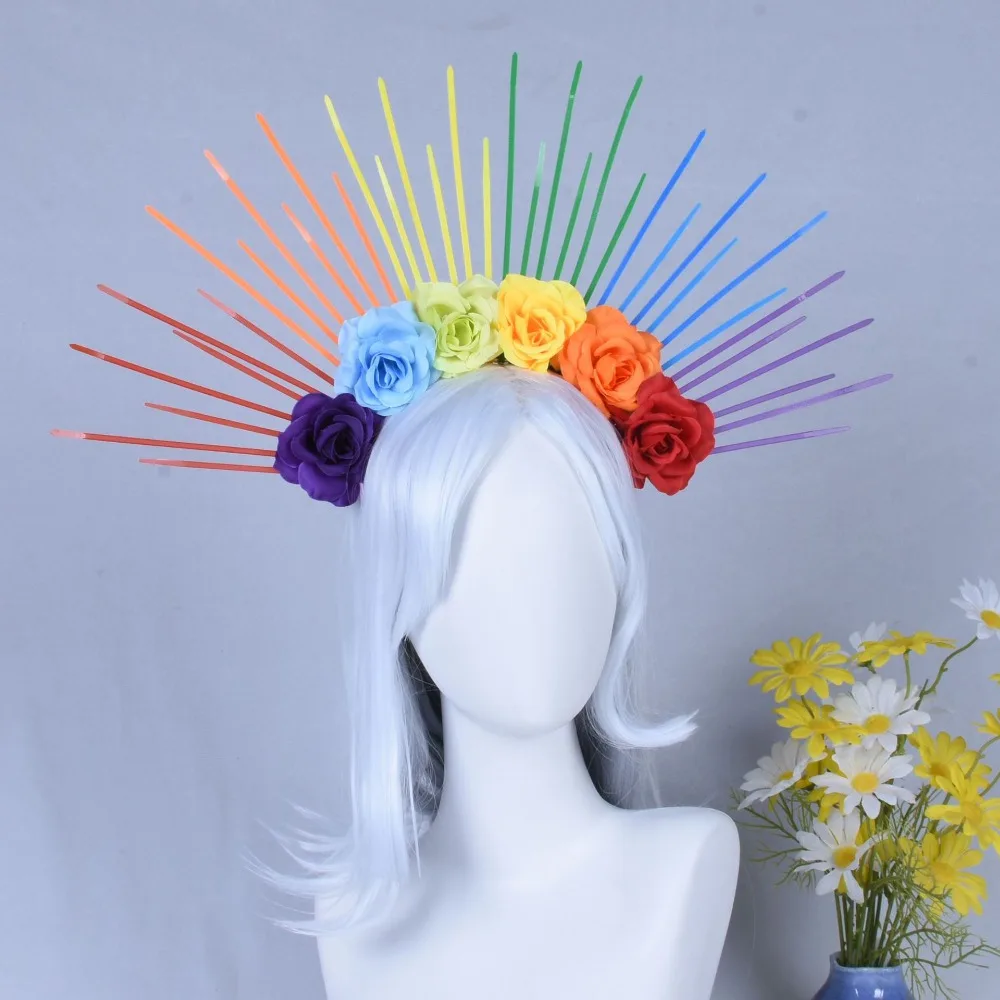 

Headpiece Sun Rainbow Hairband Exaggerated Aureole Colorful Flower Hair Hoop Creative Costume Goddess Halo Headband Party