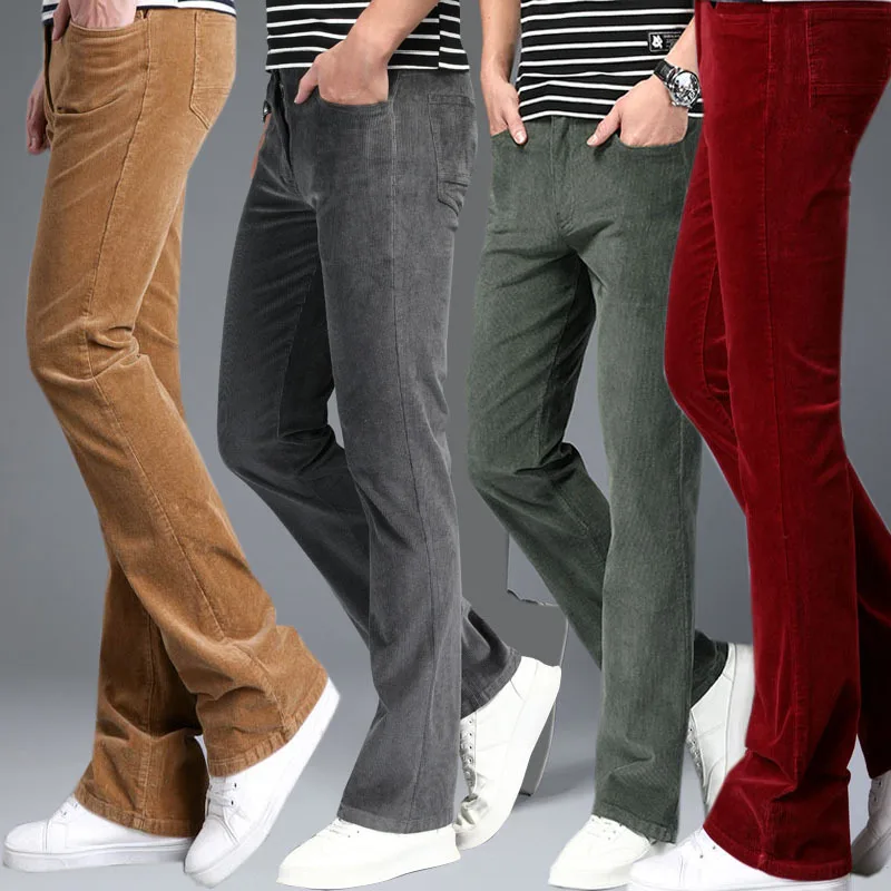 Spring Autumn Men Korean Style Corduroy Micro Flare Bell Bottom Pants, Stretch Slim Fit Casual Daily Streetwear Long Trousers