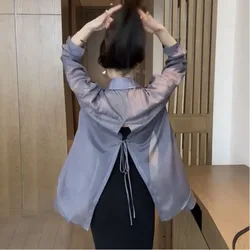 Women's 2024 Summer New Thin Blouses Minimalist Commute Solid Color Drawstring Polo Neck Cardigan Long Sleeve Poncho Shirts Tops