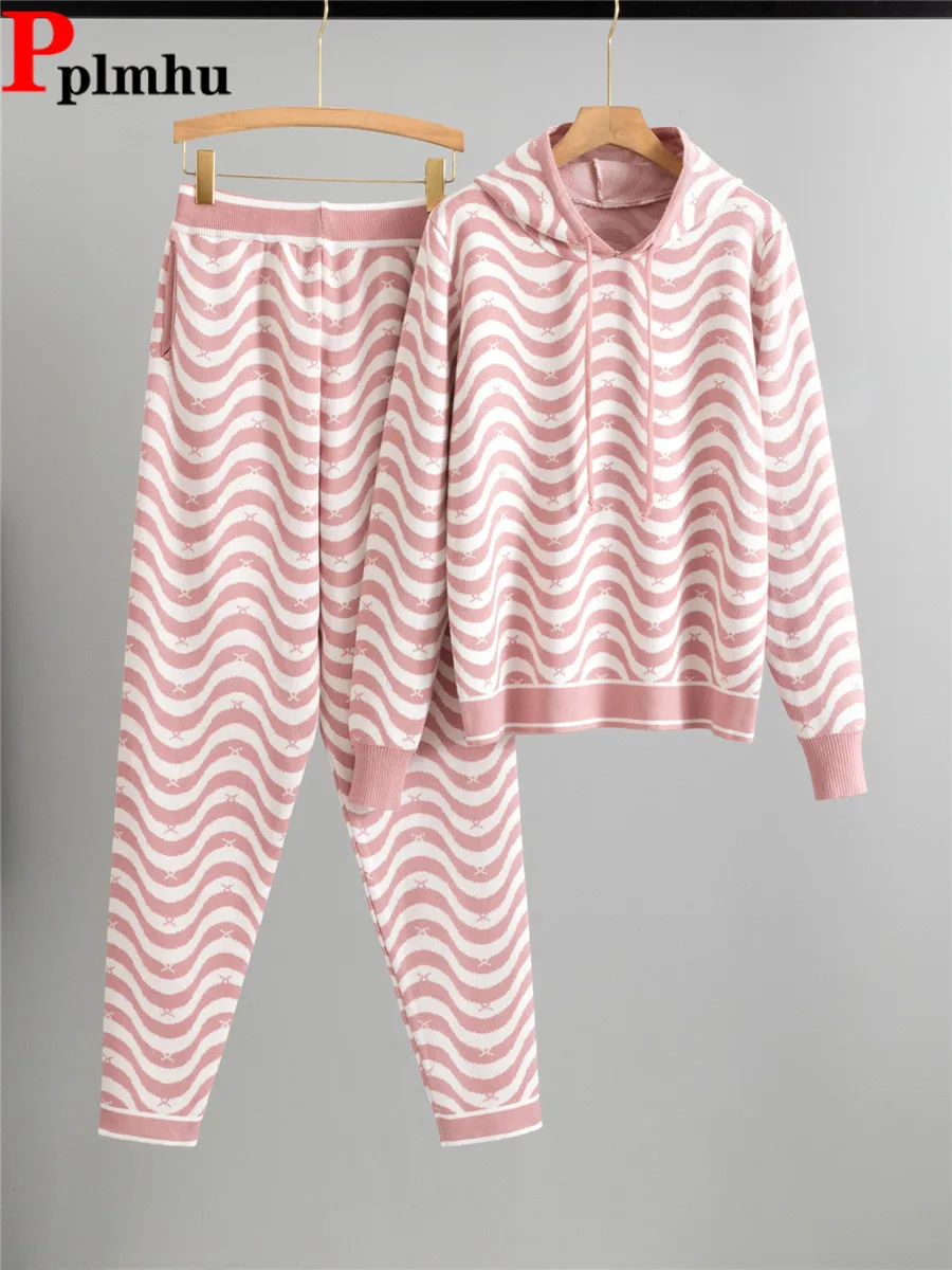 

Korean Design Wavy Stripes Knit 2 Piece Sets Women Hooded Knitted Sweater Pullover Tops Outfit High Waist Harem Pants Conjuntos