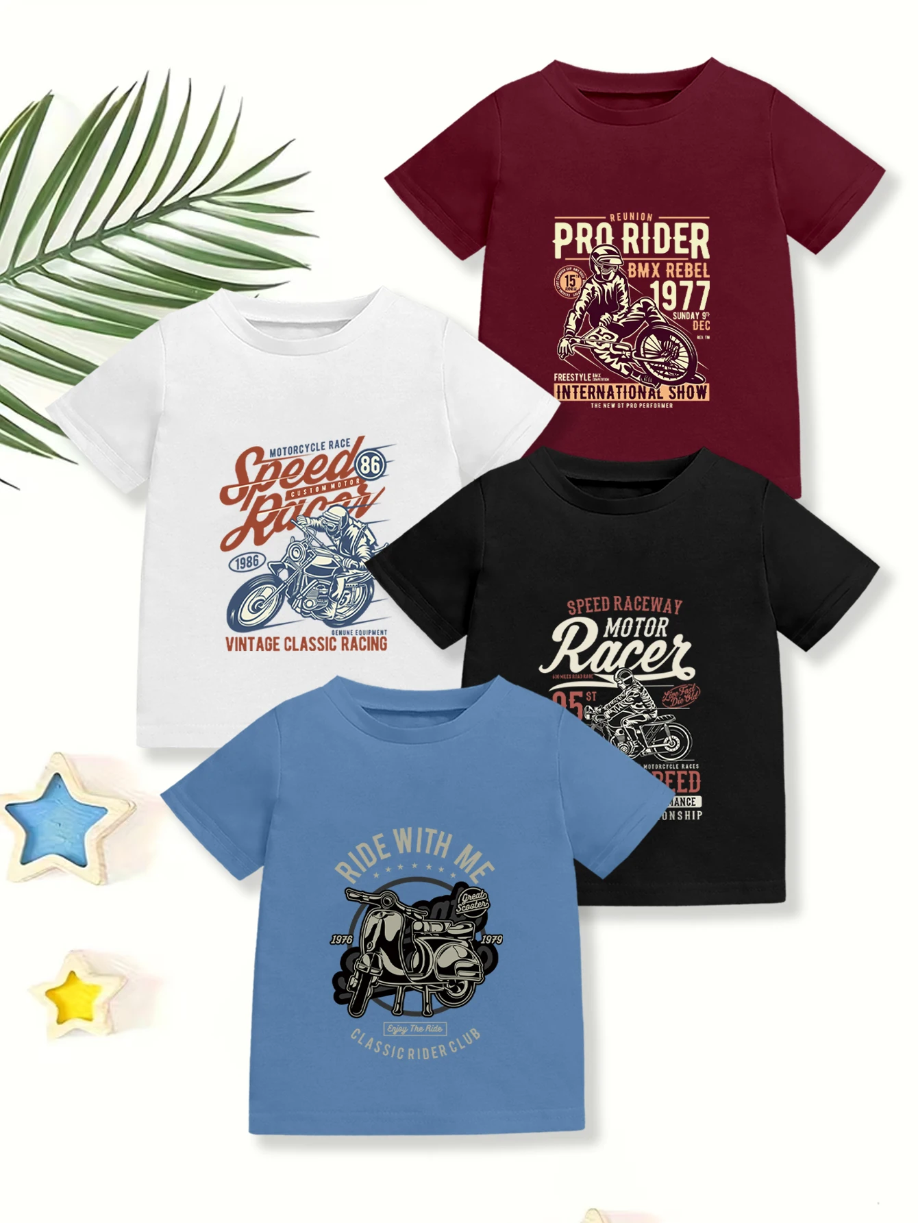 4 pieces: Summer Boys Short Sleeve Casual T-shirt Electric Vehicle Motorcycle Rider Pattern