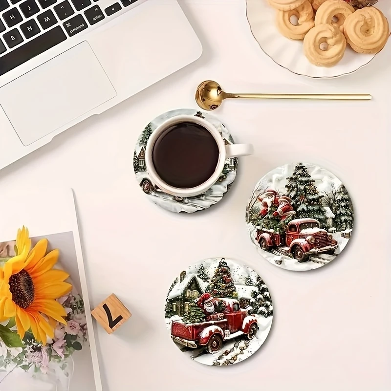 Santa Claus Red Car 2D Wooden Round Coaster Colour Printing Heat Insulation Coffee Cup Mat Home Tabletop Decora Christmas Gift
