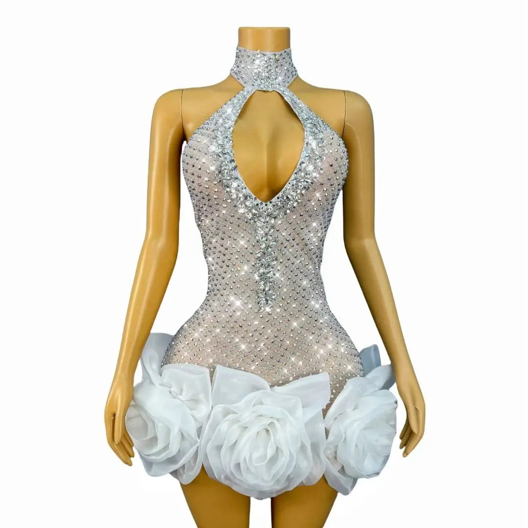 Wanghua-vestido de noche elegante para mujer, falda con brotes de flores en 3D con diamantes de imitación, traje de actuación de barra hueca Sexy, vestido de fiesta de boda
