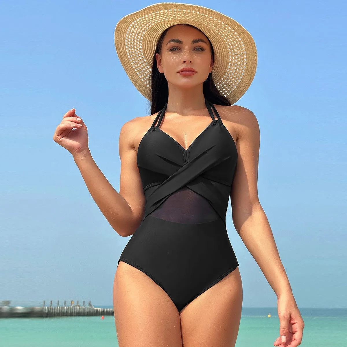 

Woman Bikini Halter Neck Cross Front Solid Color Bikinis High Waist Black Mesh Swimsuit Burgundy Sheer Cutout Swimwear Strap
