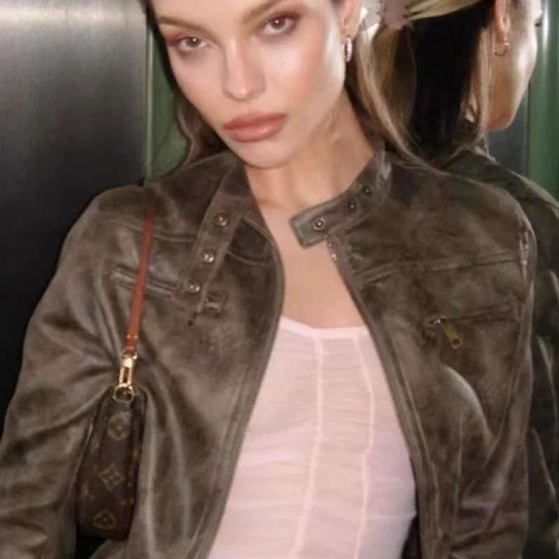 Retro Streetwear Lion Biker ort Jaet Women's Slim Fit Leather Coat Top American Sle Fall Faion Commute Windbreaker