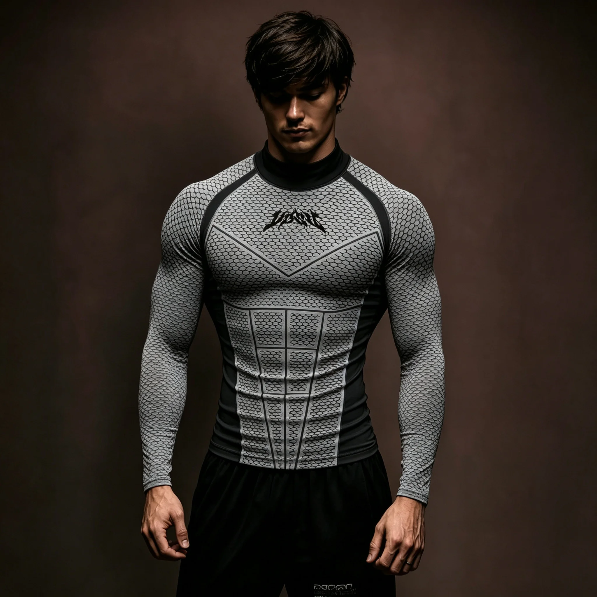Herren Kompressions-Langarmshirt mit Halbrollkragen, Wabenmuster, schnelltrocknend, für Fitness, Training, Laufen und Sport – Detail 9