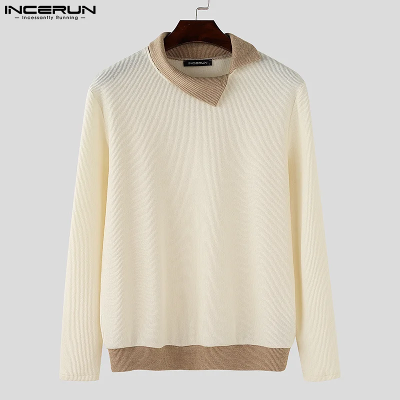 INCERUN 2024 Men's Tops Fashionable Knitted Contrast Color Pullovers Casual Male Hot Sale Irregular Collar Long Sleeved Sweaters