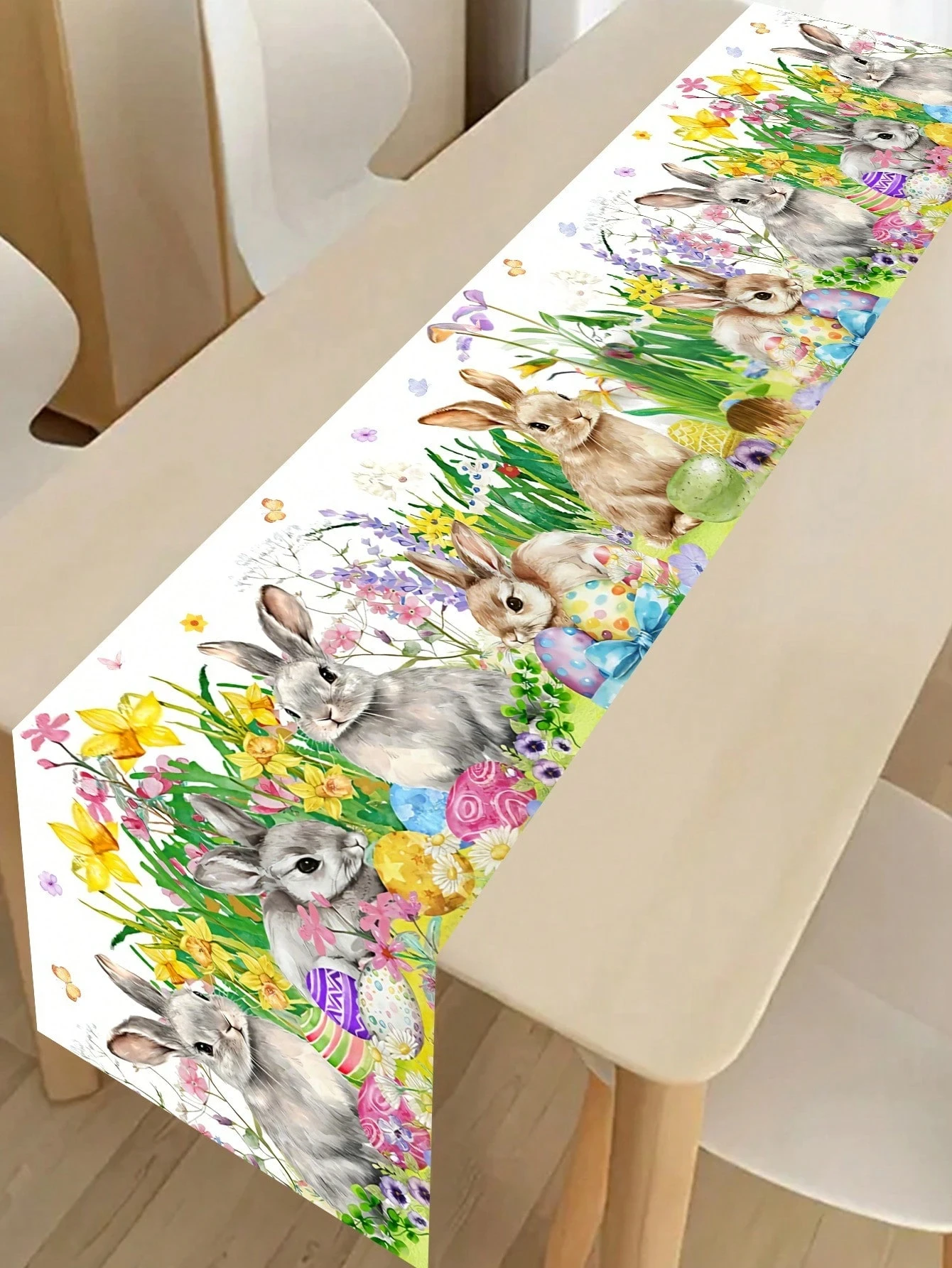 1 Stück Oster-Frühlings-Hasen Blumen-Ei Tischläufer aus Leinen mit 2D-Druck, Oster-Dekoration für Esstisch, Küche, Wohnzimmer, Geschenk
