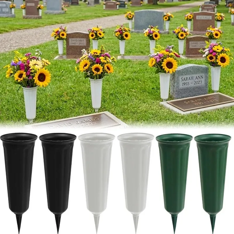 Grave Flower Vase Weatherproof Plastic Spike for Ground Insertion Anti Fade UV Protect Outdoor Cemetery Decor White Black Green