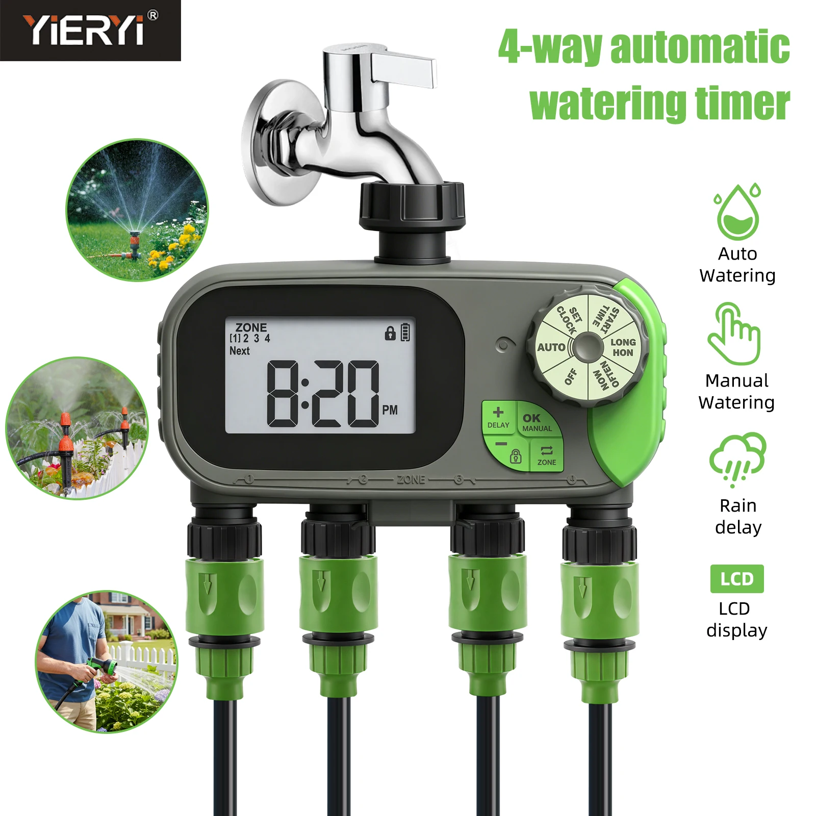 Yieryi 4 Zone Garden Watering Timer Smart Rain Delay Hose Faucet Timer IP54 Waterproof Automatic Sprinkler Irrigation Controller