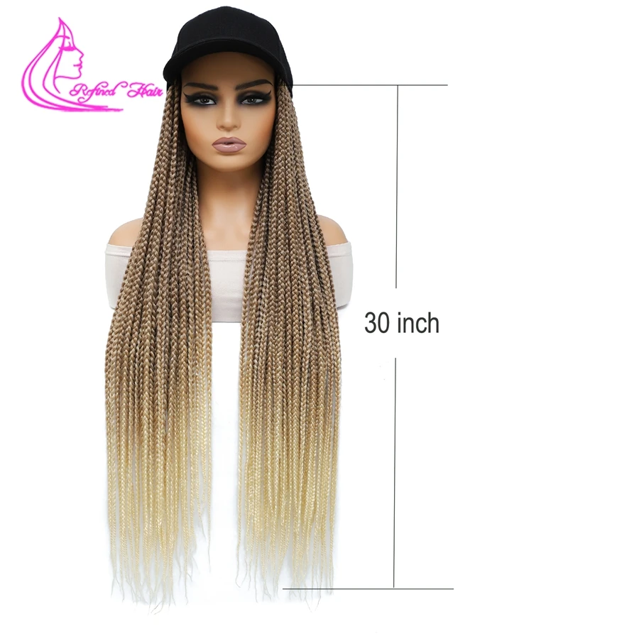 30inch Long Synthetic Wig Baseball Cap With Box Braiding Hair Extensions attached For Women Girls Adjustable Size Brown Blonde