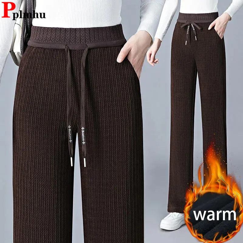 

Women Thicken Loose Wide Leg Pants Winter Warm Elastic High Waist Velvet Lined Straight Pantalones Casual Baggy Snow Wear Calca