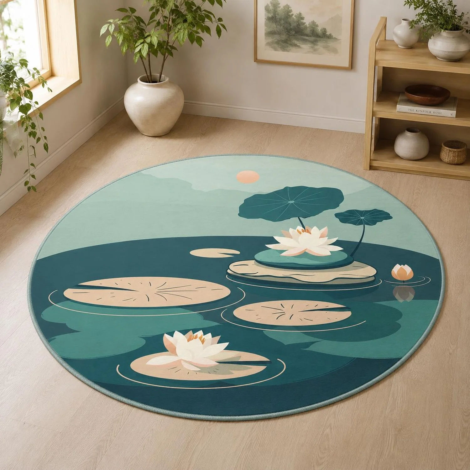 Lotus Pond Circular Carpet, Water Feature Garden Carpet, Tranquil Natural Decoration