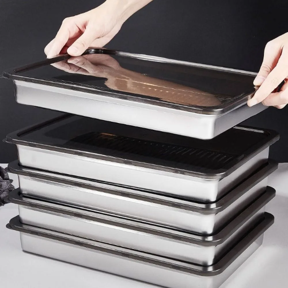 

Stainless Steel Fresh-keeping Box Rectangular with Plastic Lid Food Storage Tray Large Size Non-stick Bottom Dumplings Box