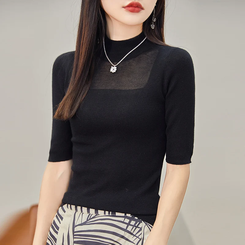 Hot Sale Superfine Wool Women\'s Sweaters And Pullovers 2024 Spring Female O-Neck Elastic Clothing Short Sleeve Soft Jumper Top