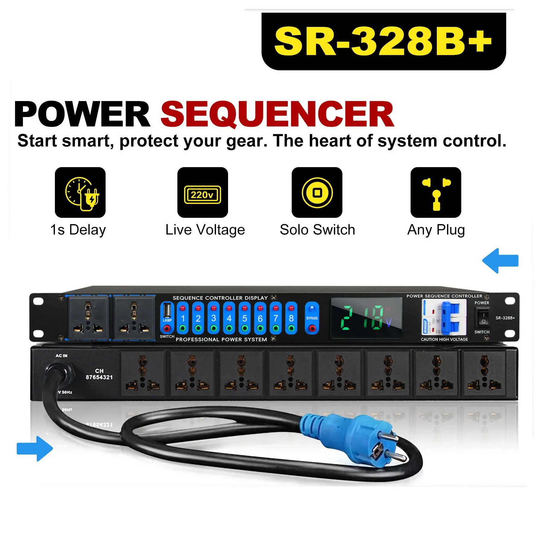 8+2CH Power Sequencer with 30A Relay & Voltage Display for DJ Audio Stage Lighting Universal Plug 220V/50Hz