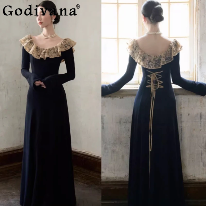 

Large Size French Women Large Size Lace Slash Neck Banquet Long Sleeve Dress Fashion High Waist A-line Slim Lace-up Dresses