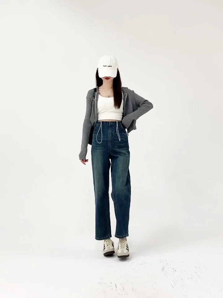 Celana Jeans Hamil Model Straight dengan Tali Serut, Gaya Terbaru 2025, Pinggang Tinggi, Longgar, Meniruskan, Model Cropped Cigarette
